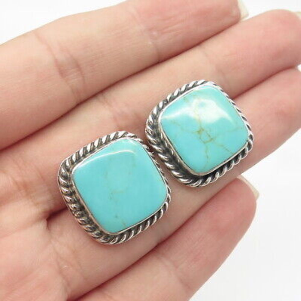 Turquoise and Silver Rope-Edged Earrings